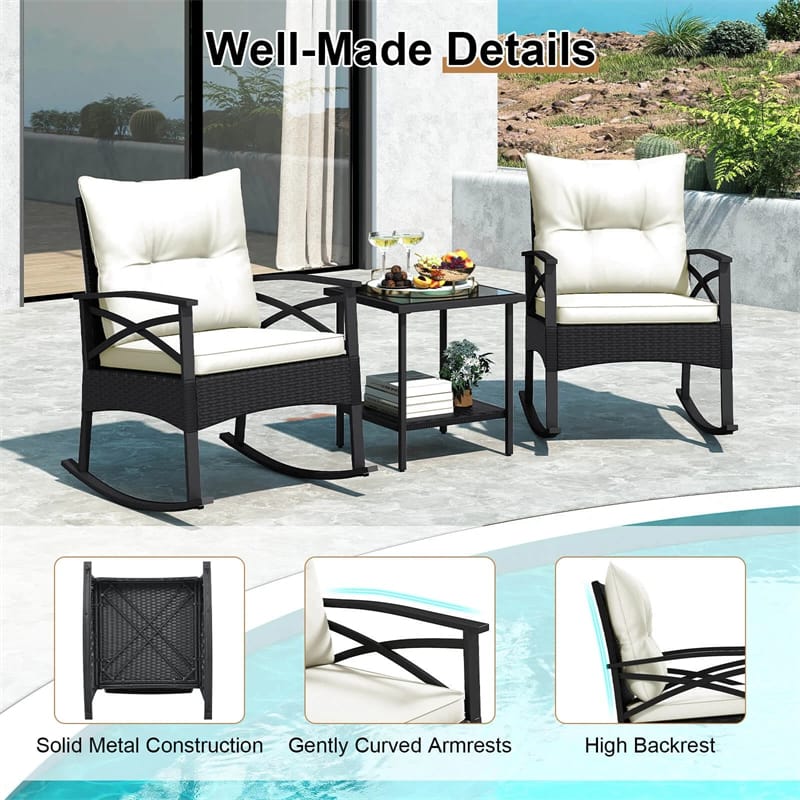 3 Piece Rattan Patio Rocking Bistro Set, Outdoor Wicker Rockers with Cushions & 2-Tier Tempered Glass Coffee Table for Porch, Balcony, Backyard