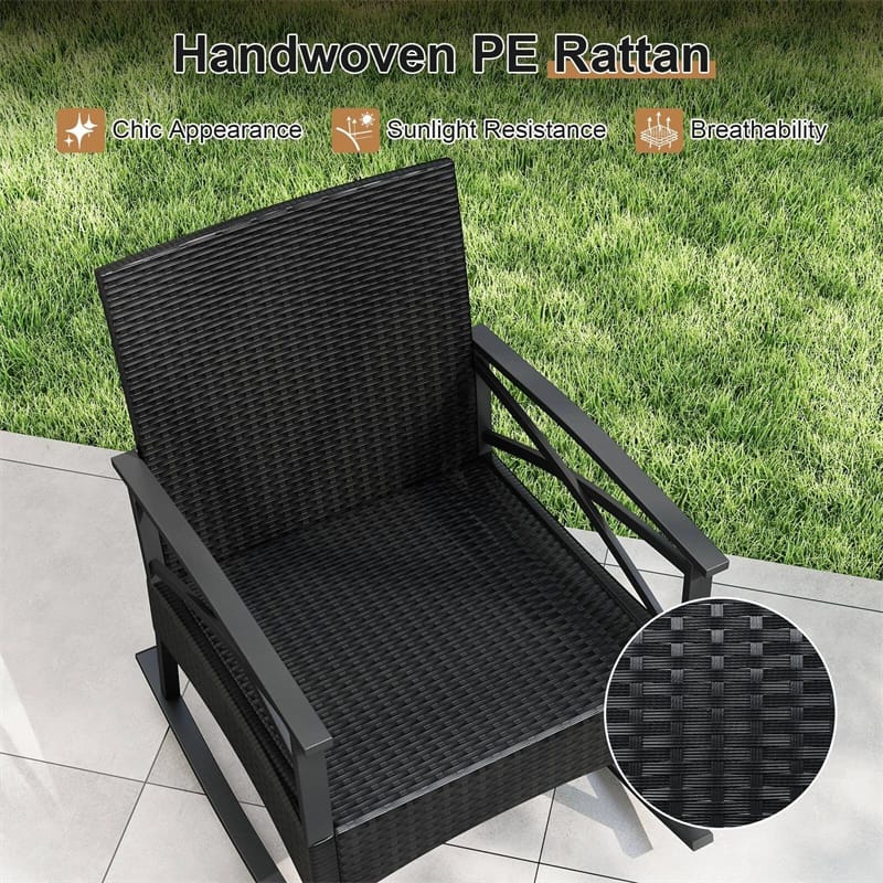 3 Piece Rattan Patio Rocking Bistro Set, Outdoor Wicker Rockers with Cushions & 2-Tier Tempered Glass Coffee Table for Porch, Balcony, Backyard