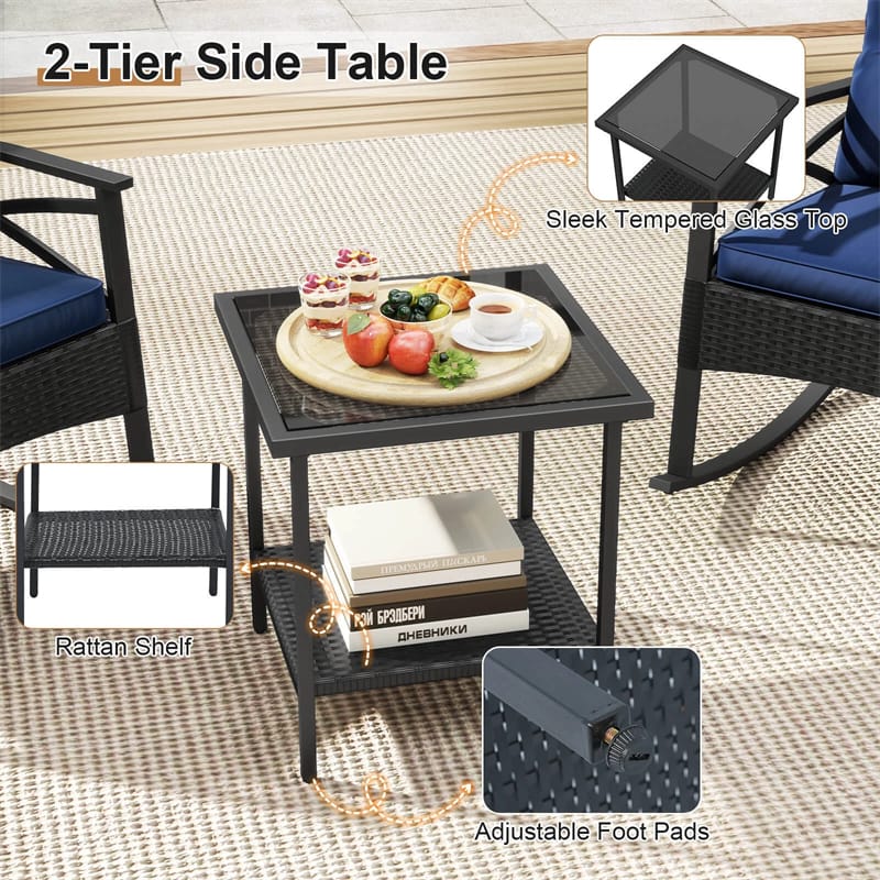 3 Piece Rattan Patio Rocking Bistro Set, Outdoor Wicker Rockers with Cushions & 2-Tier Tempered Glass Coffee Table for Porch, Balcony, Backyard