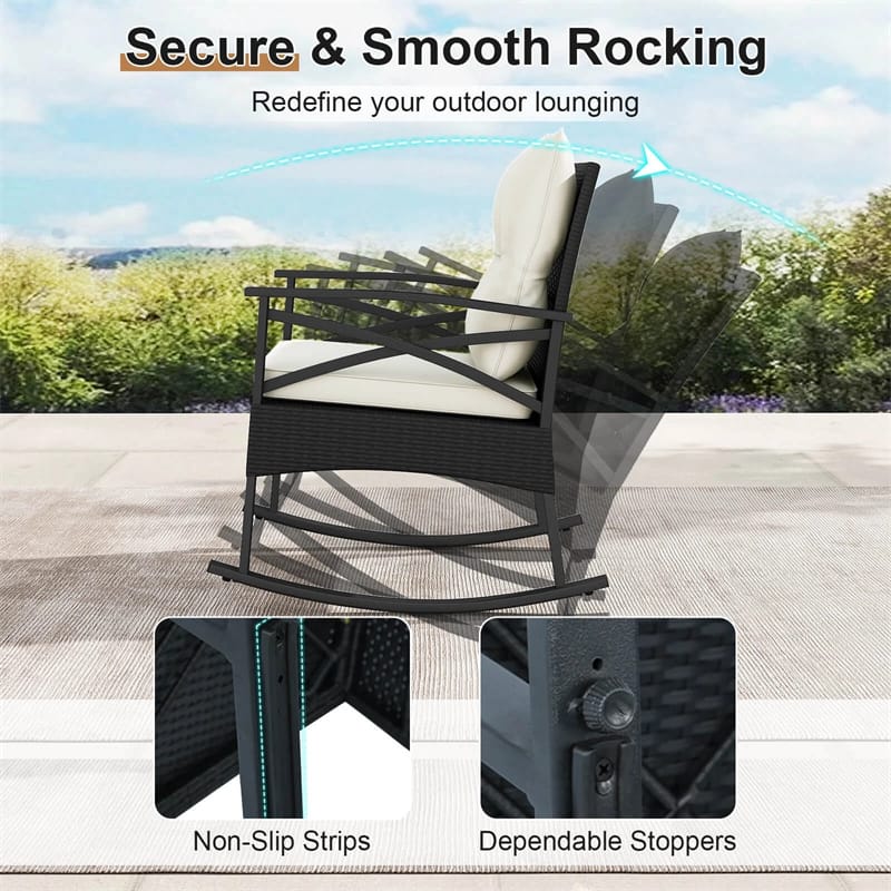 3 Piece Rattan Patio Rocking Bistro Set, Outdoor Wicker Rockers with Cushions & 2-Tier Tempered Glass Coffee Table for Porch, Balcony, Backyard