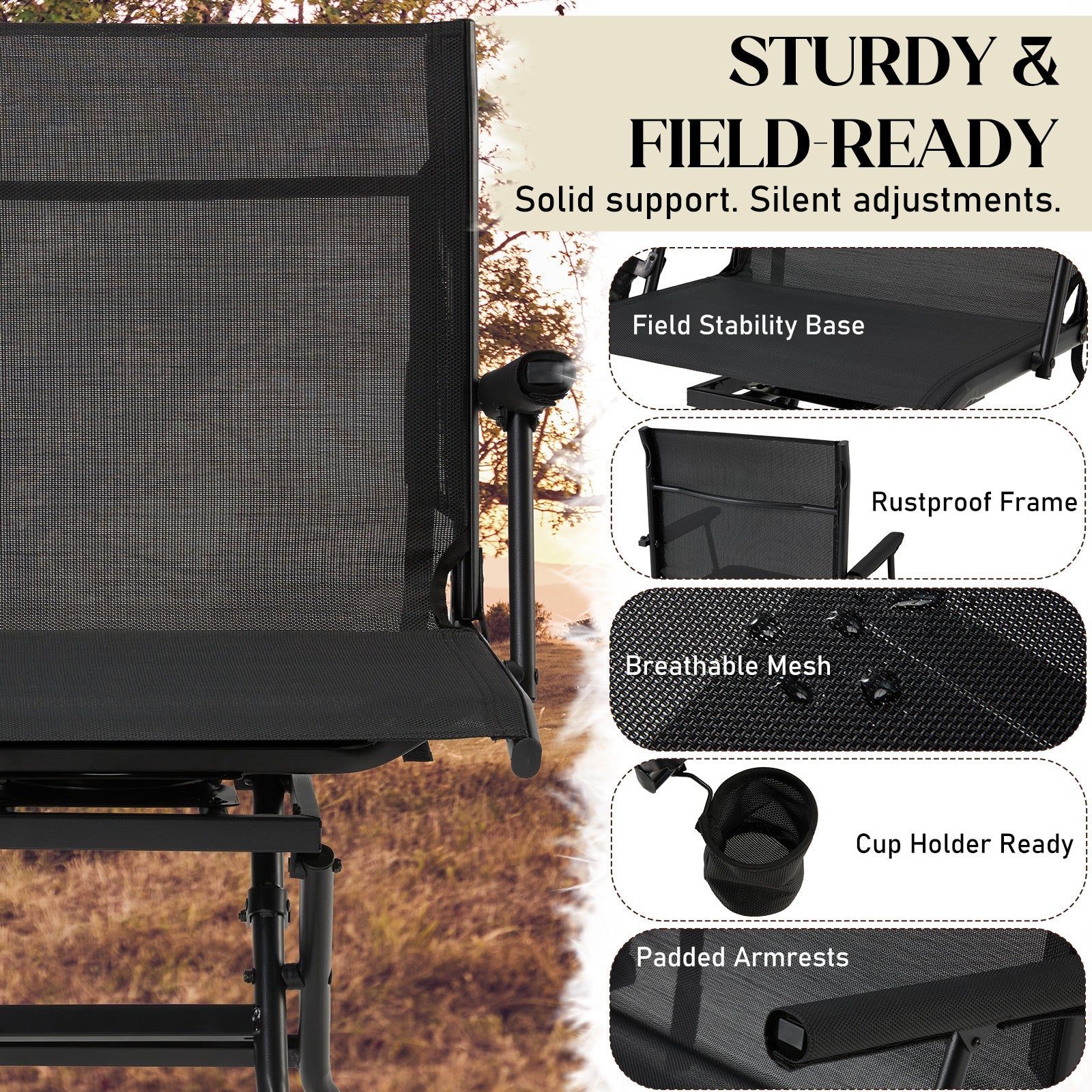 AECOJOY Folding Hunting Swivel Chair, Compact Storage Design, Black Steel Frame for Outdoor Shooting & Camping