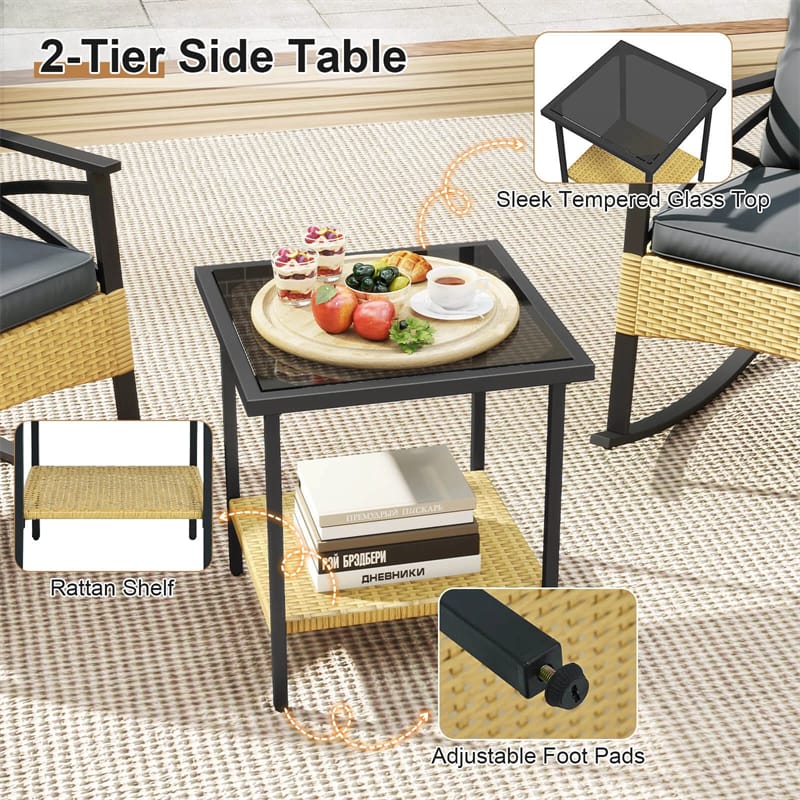 3 Piece Rattan Patio Rocking Bistro Set, Outdoor Wicker Rockers with Cushions & 2-Tier Tempered Glass Coffee Table for Porch, Balcony, Backyard
