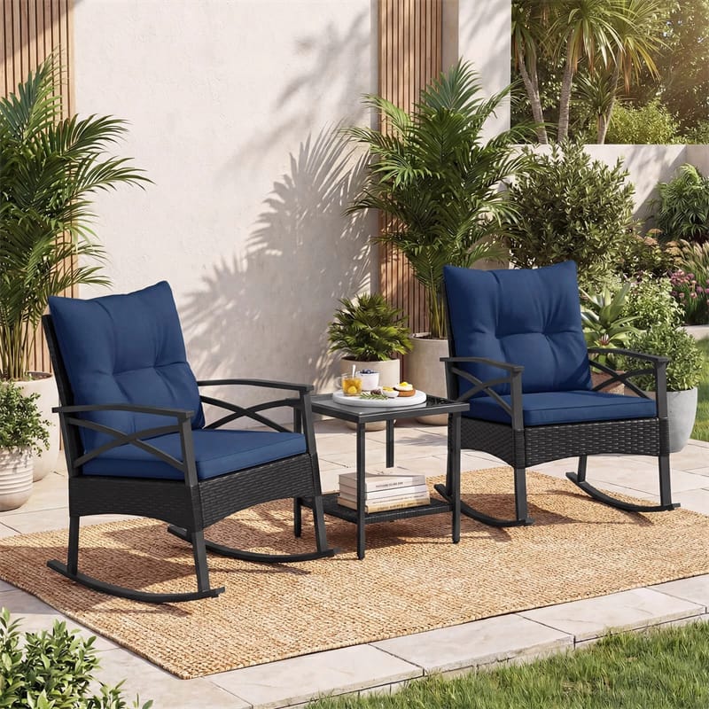 3 Piece Rattan Patio Rocking Bistro Set, Outdoor Wicker Rockers with Cushions & 2-Tier Tempered Glass Coffee Table for Porch, Balcony, Backyard