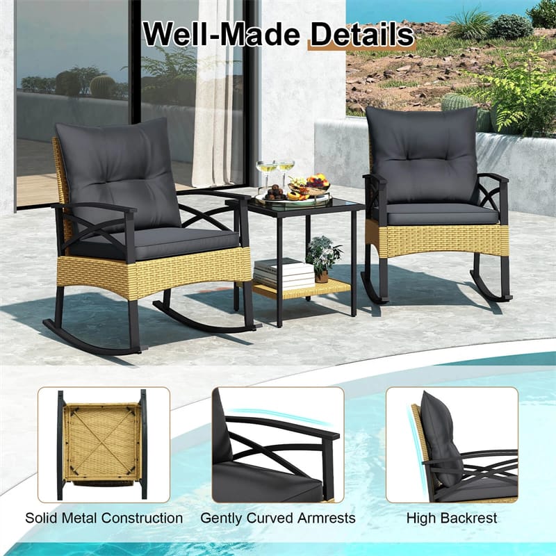 3 Piece Rattan Patio Rocking Bistro Set, Outdoor Wicker Rockers with Cushions & 2-Tier Tempered Glass Coffee Table for Porch, Balcony, Backyard