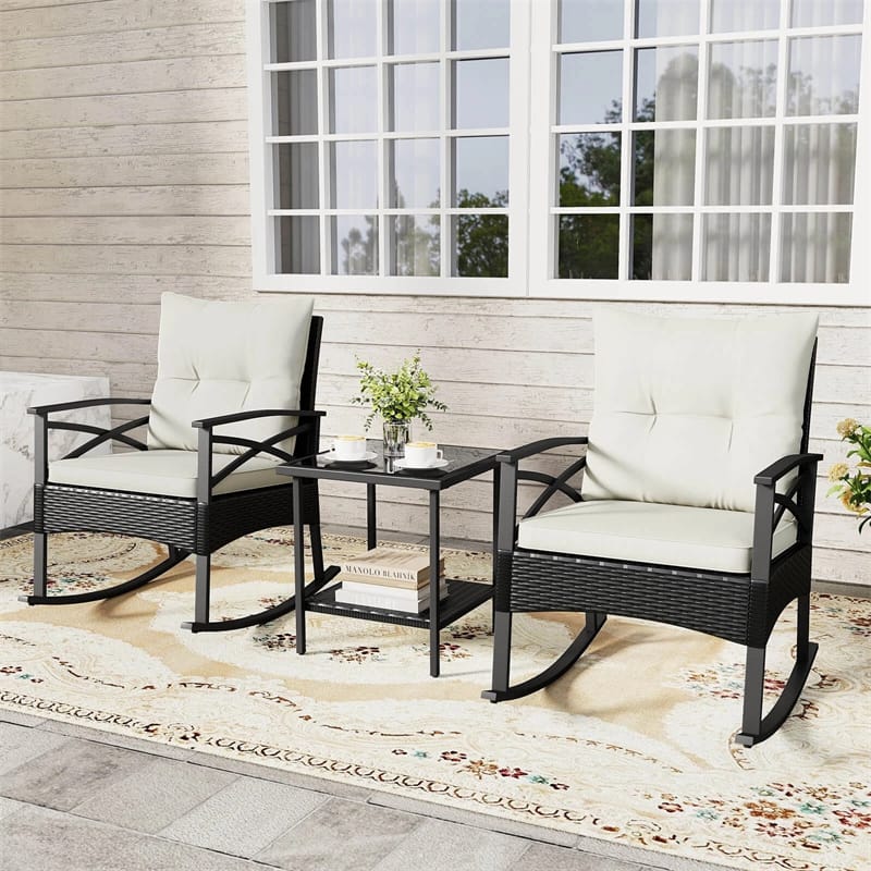 3 Piece Rattan Patio Rocking Bistro Set, Outdoor Wicker Rockers with Cushions & 2-Tier Tempered Glass Coffee Table for Porch, Balcony, Backyard