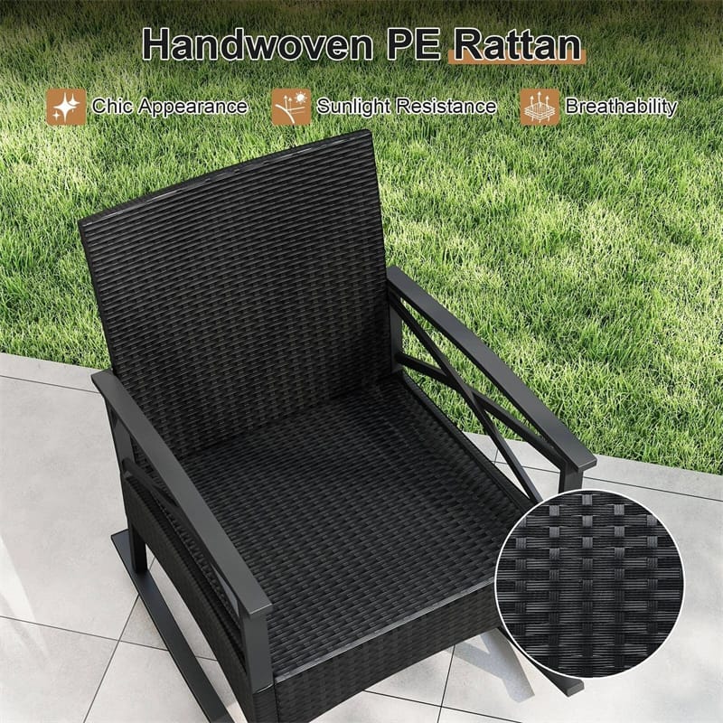 3 Piece Rattan Patio Rocking Bistro Set, Outdoor Wicker Rockers with Cushions & 2-Tier Tempered Glass Coffee Table for Porch, Balcony, Backyard