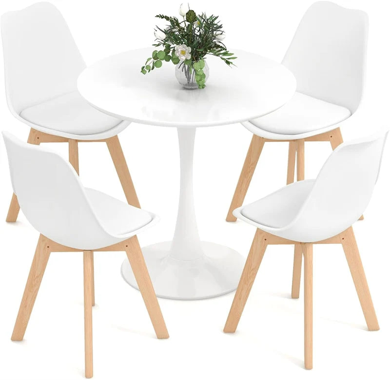 Modern 5-Piece Round Dining Table Set for 4, 32" Kitchen Table with 4 Chairs & Solid Wood Legs, Dinette Set for Small Spaces