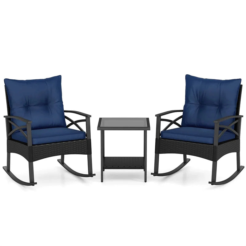 3 Piece Rattan Patio Rocking Bistro Set, Outdoor Wicker Rockers with Cushions & 2-Tier Tempered Glass Coffee Table for Porch, Balcony, Backyard