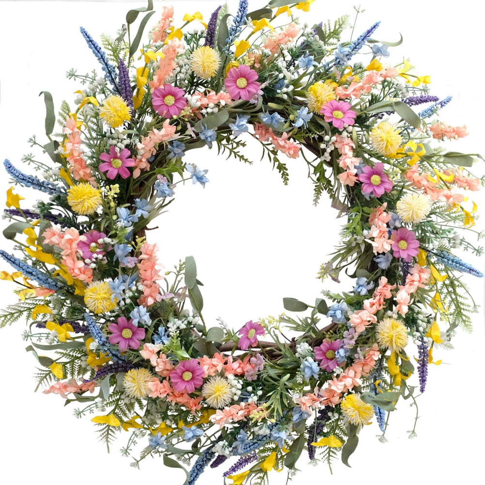 Egolot 24 inch Spring Summer Colorful Flower Wreath for Front Door, Forsythia Lavender Wild Flowers Wreath for Home Decor, Colorful Wild Flowers