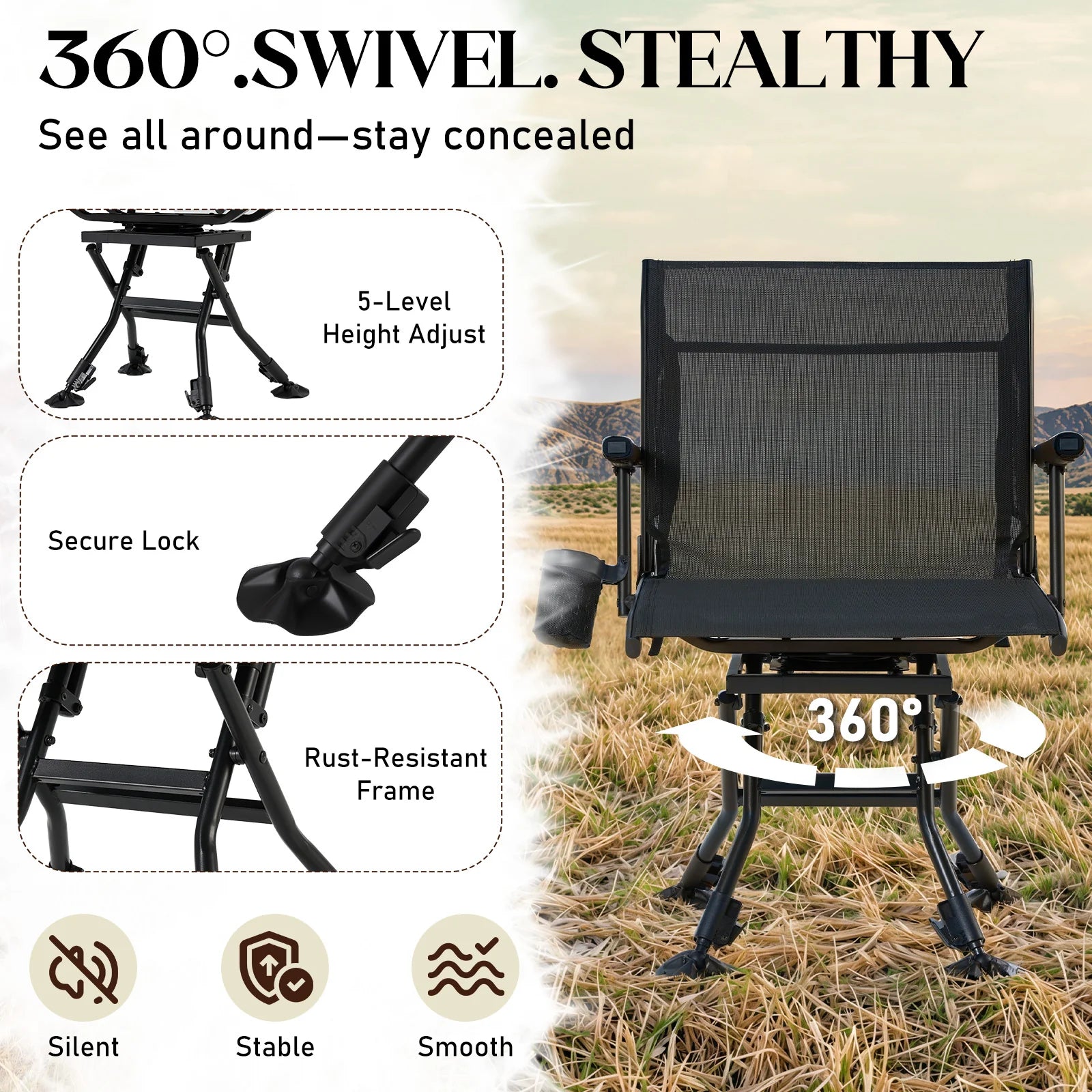 AECOJOY Folding Hunting Swivel Chair, Compact Storage Design, Black Steel Frame for Outdoor Shooting & Camping
