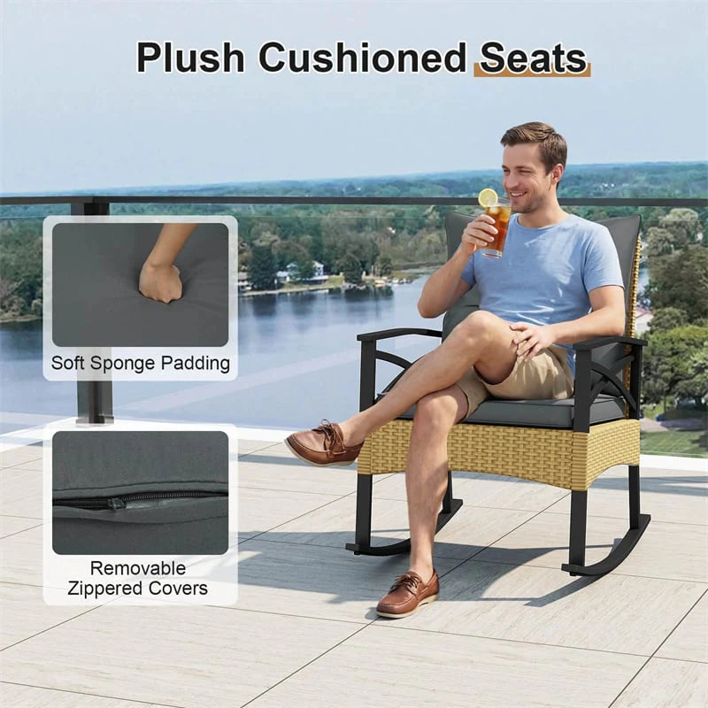3 Piece Rattan Patio Rocking Bistro Set, Outdoor Wicker Rockers with Cushions & 2-Tier Tempered Glass Coffee Table for Porch, Balcony, Backyard