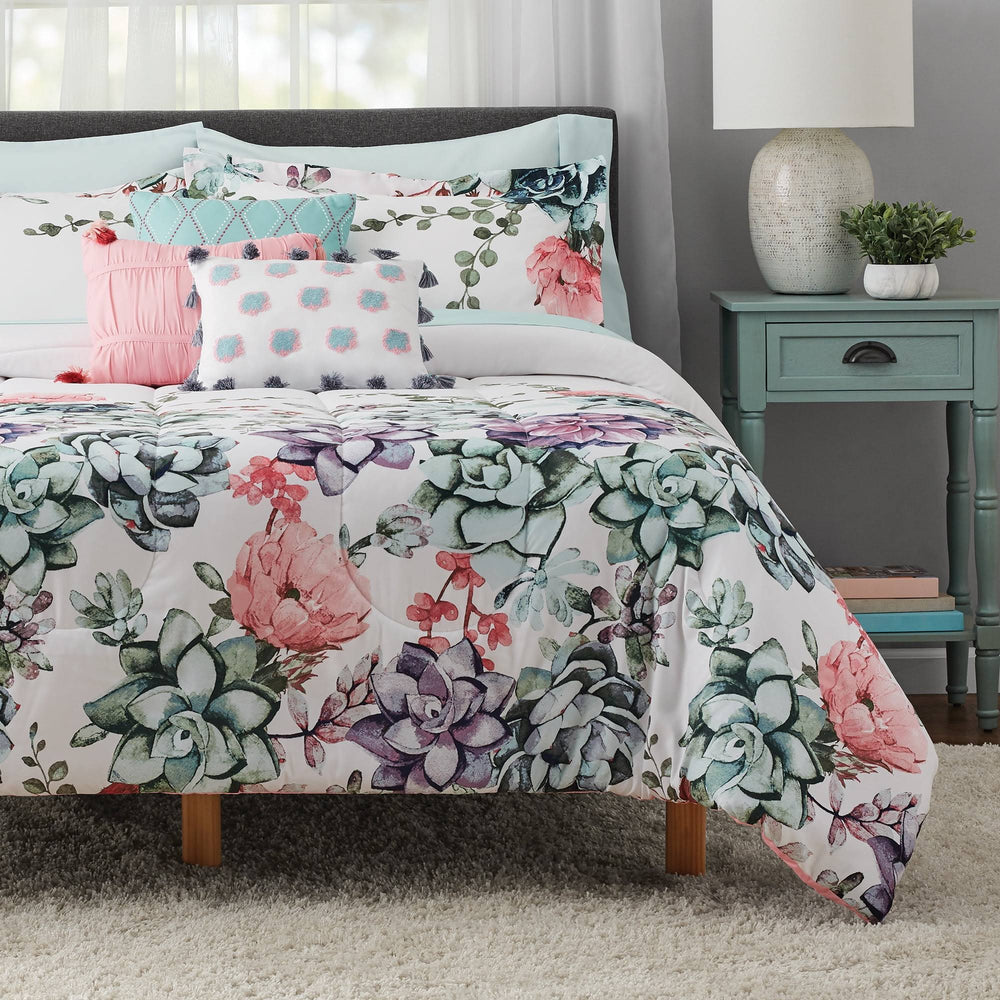 Mainstays Jade Floral 10-Piece Bed in A Bag Bedding Set w/Bonus Sheet Set + Pillows, King