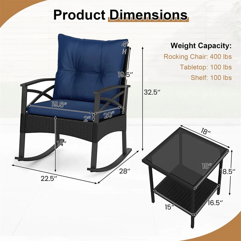 3 Piece Rattan Patio Rocking Bistro Set, Outdoor Wicker Rockers with Cushions & 2-Tier Tempered Glass Coffee Table for Porch, Balcony, Backyard