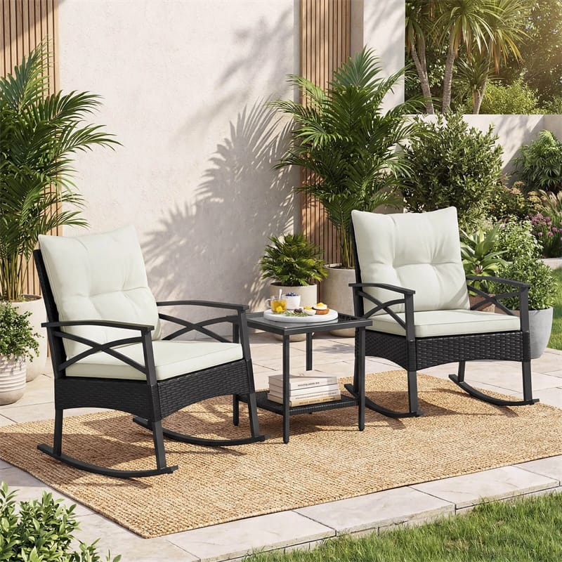 3 Piece Rattan Patio Rocking Bistro Set, Outdoor Wicker Rockers with Cushions & 2-Tier Tempered Glass Coffee Table for Porch, Balcony, Backyard