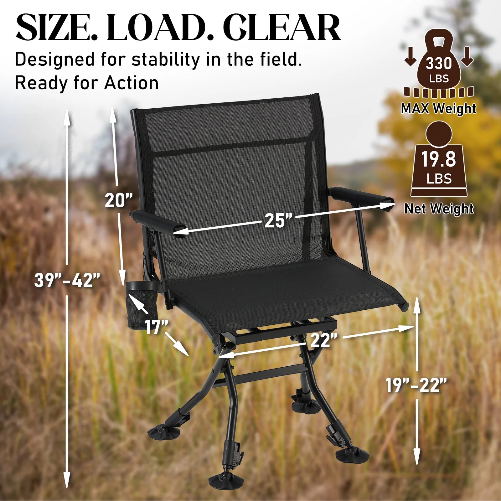 AECOJOY Folding Hunting Swivel Chair, Compact Storage Design, Black Steel Frame for Outdoor Shooting & Camping