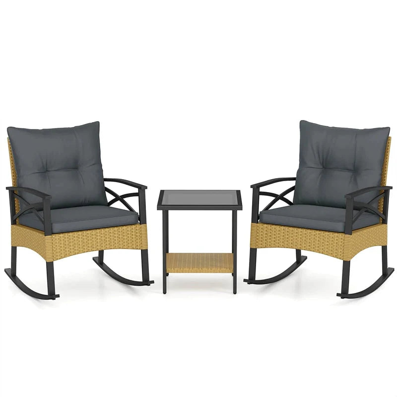 3 Piece Rattan Patio Rocking Bistro Set, Outdoor Wicker Rockers with Cushions & 2-Tier Tempered Glass Coffee Table for Porch, Balcony, Backyard