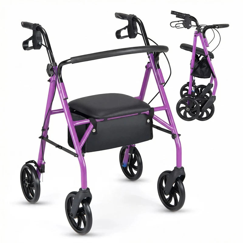 Foldable Rollator Walker with Seat & Height Adjustable Handles for Seniors, Lightweight Portable Rolling Walker w/ 8" Wheels & Storage Basket