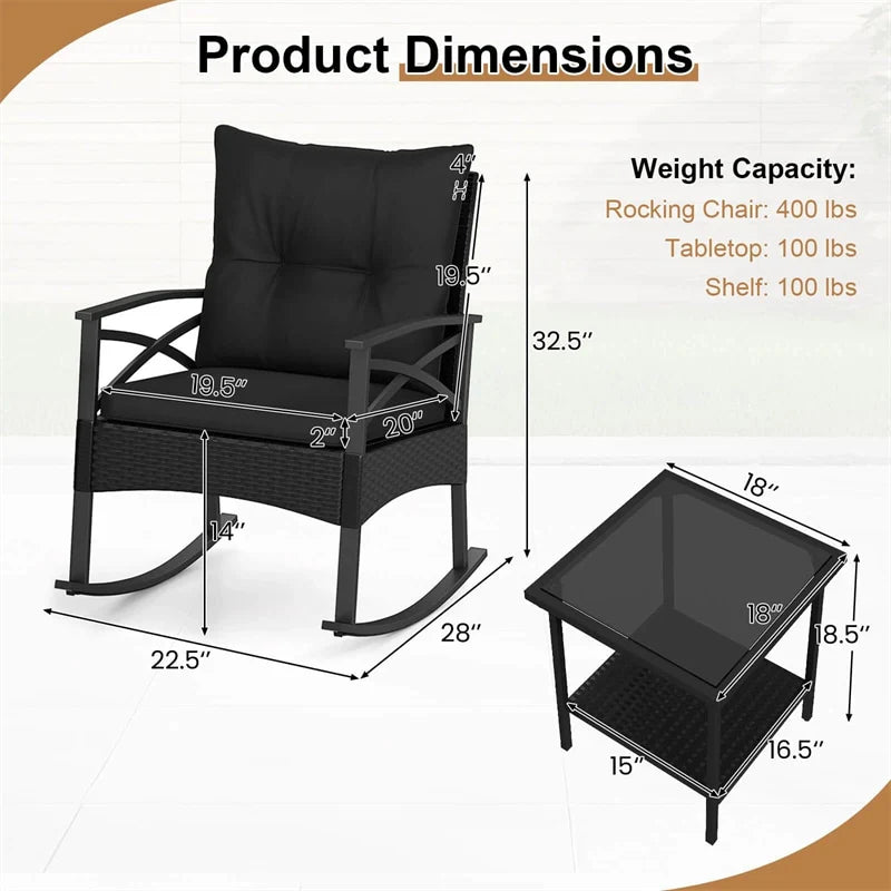 3 Piece Rattan Patio Rocking Bistro Set, Outdoor Wicker Rockers with Cushions & 2-Tier Tempered Glass Coffee Table for Porch, Balcony, Backyard