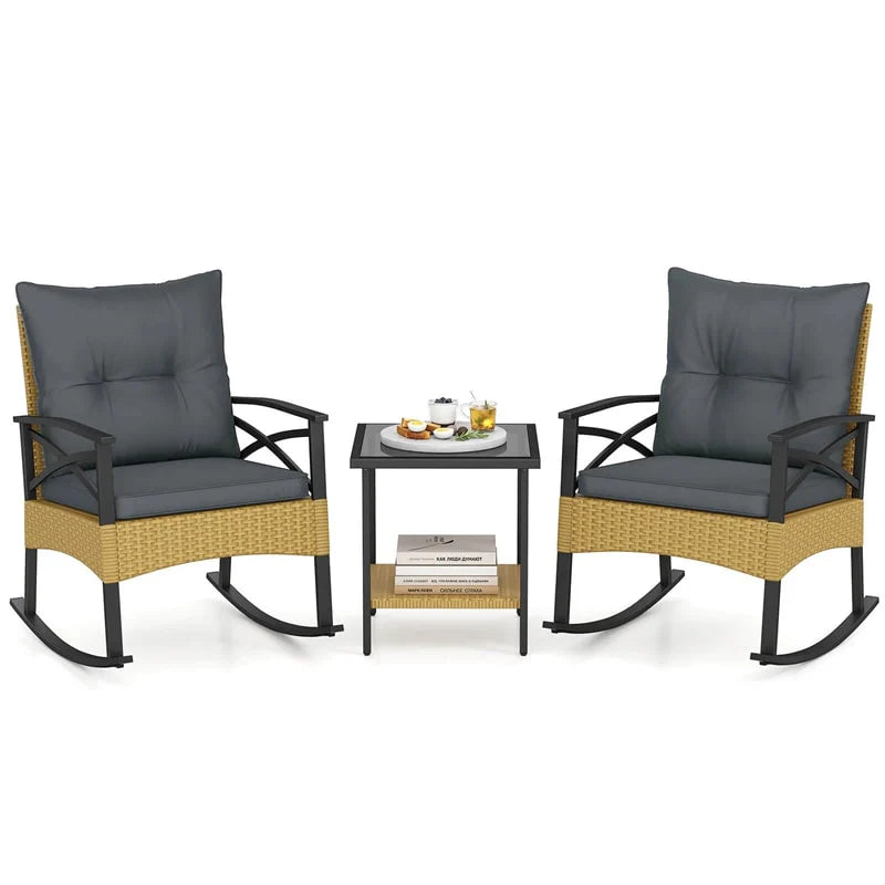 3 Piece Rattan Patio Rocking Bistro Set, Outdoor Wicker Rockers with Cushions & 2-Tier Tempered Glass Coffee Table for Porch, Balcony, Backyard