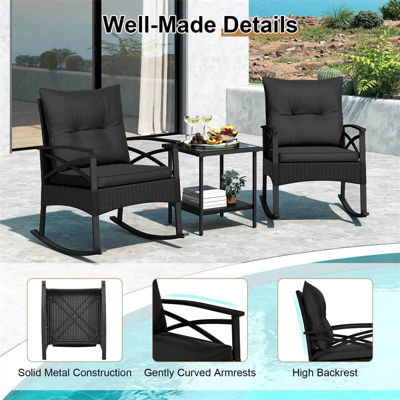 3 Piece Rattan Patio Rocking Bistro Set, Outdoor Wicker Rockers with Cushions & 2-Tier Tempered Glass Coffee Table for Porch, Balcony, Backyard