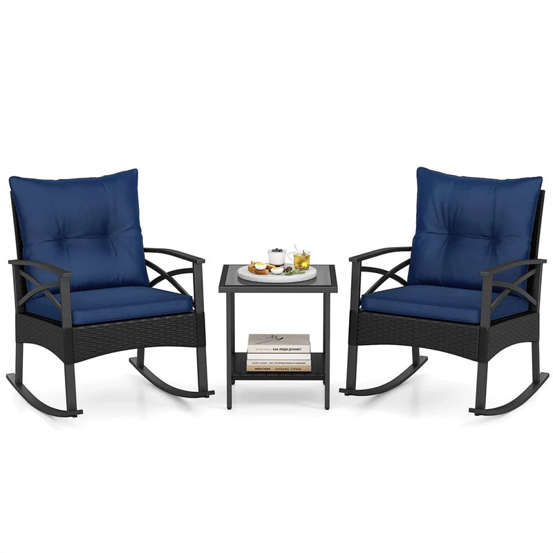 3 Piece Rattan Patio Rocking Bistro Set, Outdoor Wicker Rockers with Cushions & 2-Tier Tempered Glass Coffee Table for Porch, Balcony, Backyard