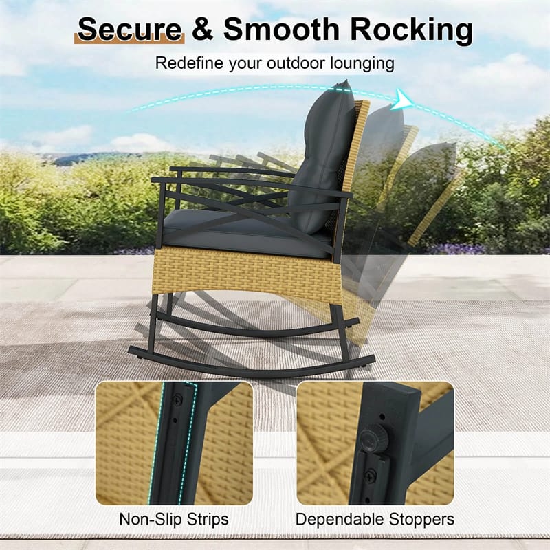 3 Piece Rattan Patio Rocking Bistro Set, Outdoor Wicker Rockers with Cushions & 2-Tier Tempered Glass Coffee Table for Porch, Balcony, Backyard