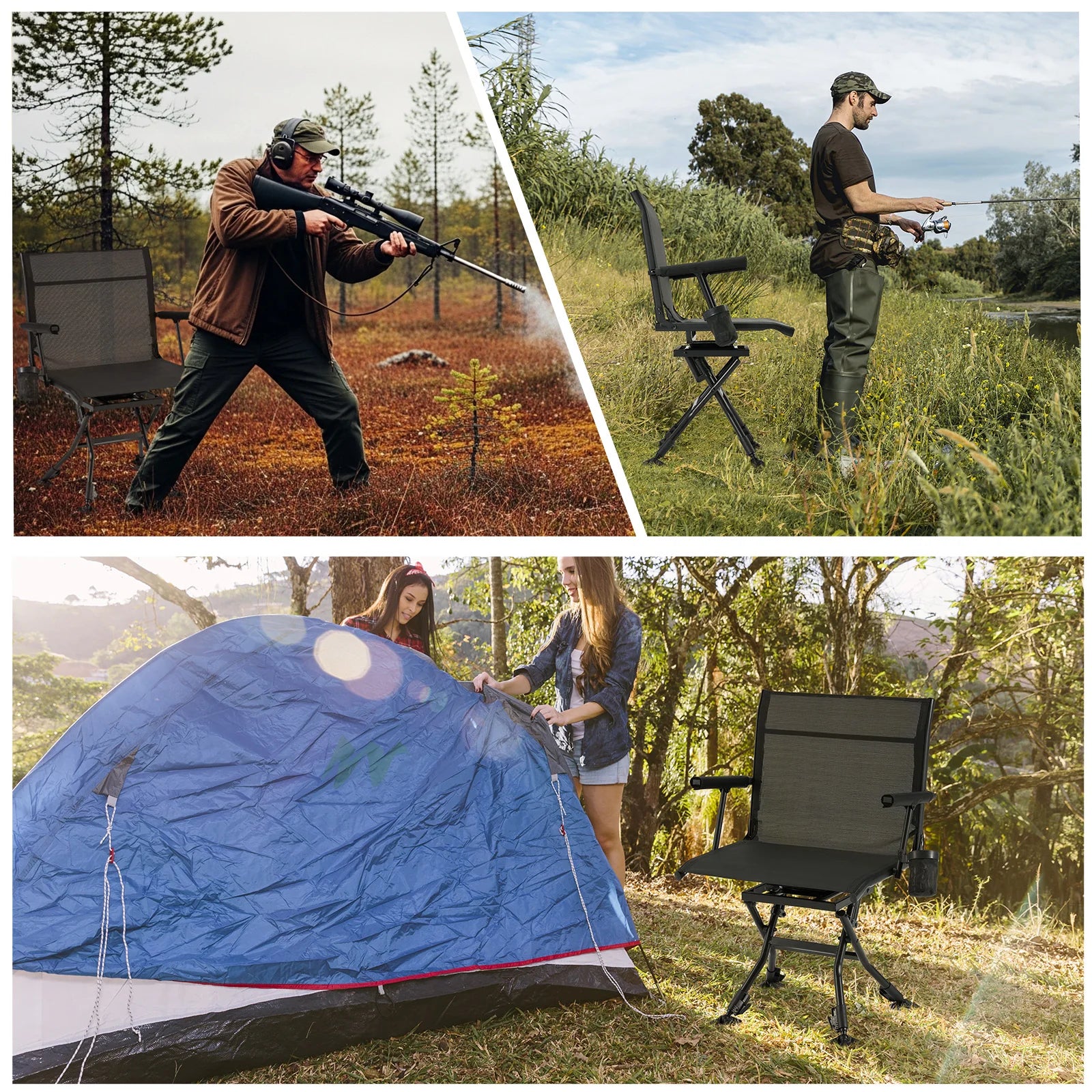 AECOJOY Folding Hunting Swivel Chair, Compact Storage Design, Black Steel Frame for Outdoor Shooting & Camping