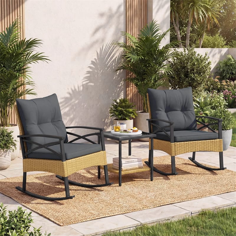 3 Piece Rattan Patio Rocking Bistro Set, Outdoor Wicker Rockers with Cushions & 2-Tier Tempered Glass Coffee Table for Porch, Balcony, Backyard