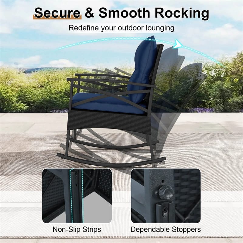 3 Piece Rattan Patio Rocking Bistro Set, Outdoor Wicker Rockers with Cushions & 2-Tier Tempered Glass Coffee Table for Porch, Balcony, Backyard