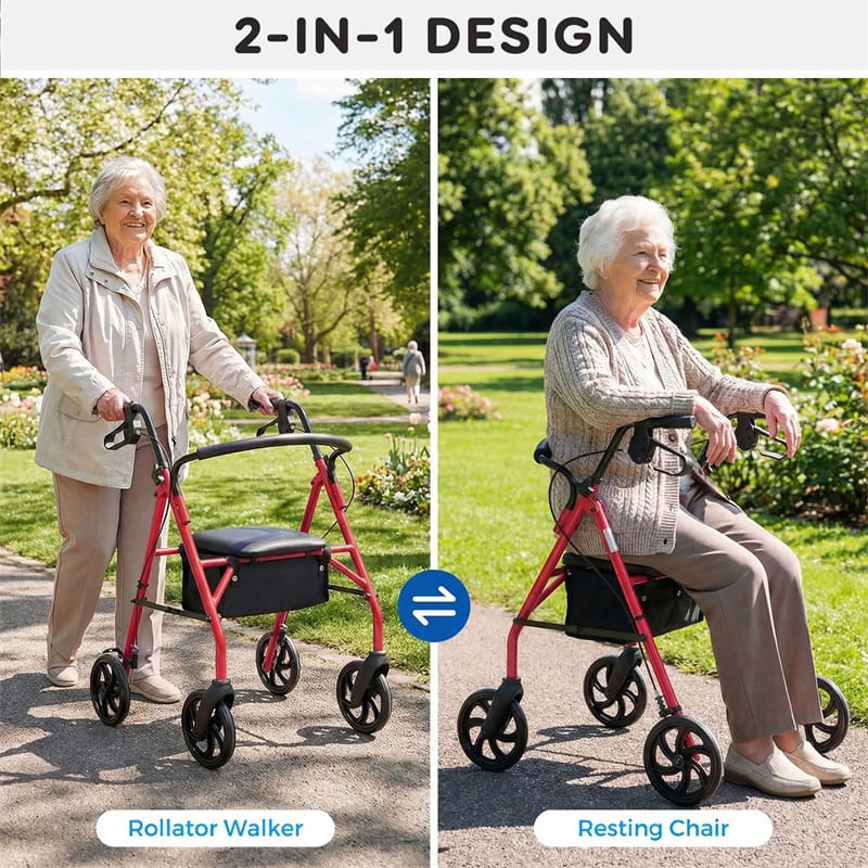 Foldable Rollator Walker with Seat & Height Adjustable Handles for Seniors, Lightweight Portable Rolling Walker w/ 8" Wheels & Storage Basket