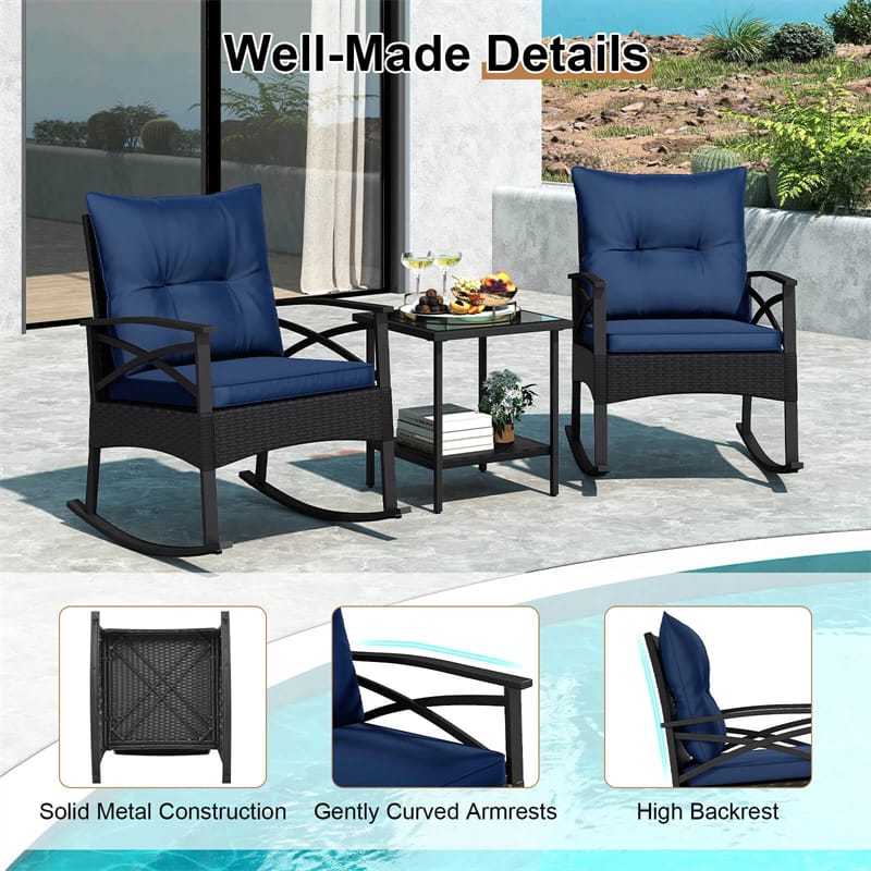 3 Piece Rattan Patio Rocking Bistro Set, Outdoor Wicker Rockers with Cushions & 2-Tier Tempered Glass Coffee Table for Porch, Balcony, Backyard