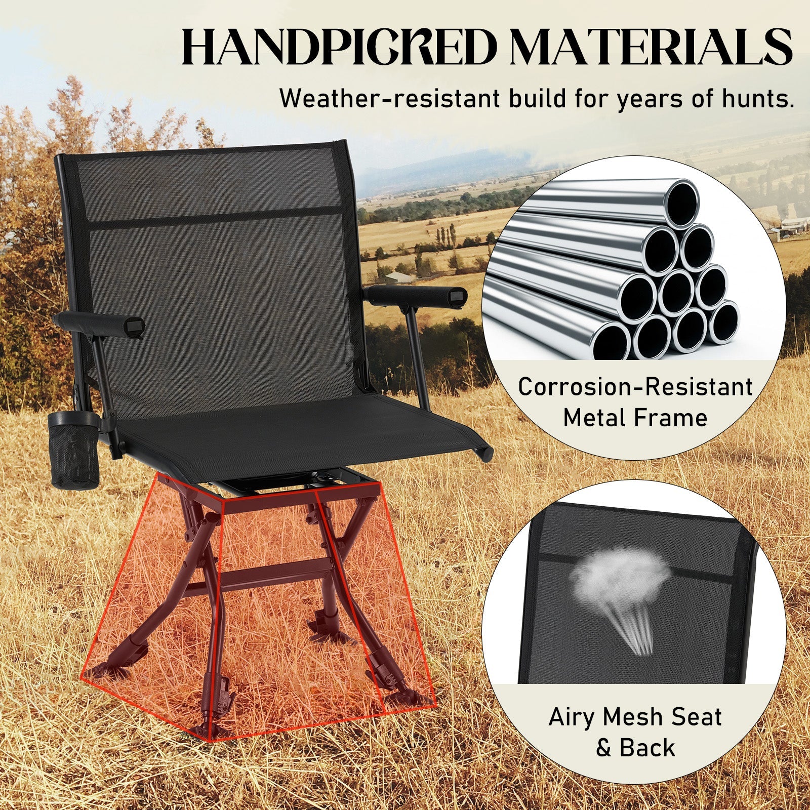 AECOJOY Folding Hunting Swivel Chair, Compact Storage Design, Black Steel Frame for Outdoor Shooting & Camping
