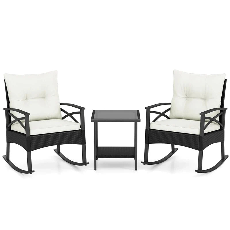 3 Piece Rattan Patio Rocking Bistro Set, Outdoor Wicker Rockers with Cushions & 2-Tier Tempered Glass Coffee Table for Porch, Balcony, Backyard